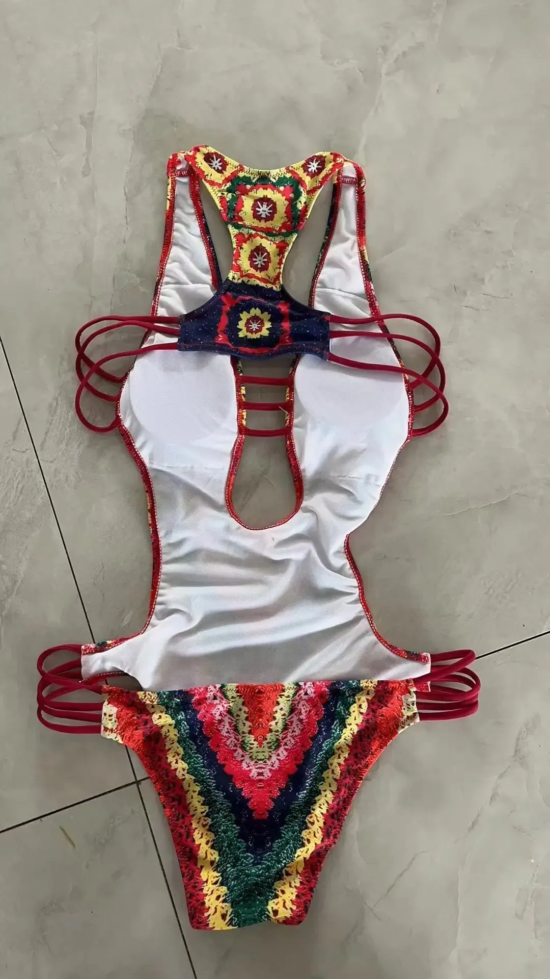 Women's Cutout Monokini with Colorful Print - Rainbow One-Piece Swimsuit