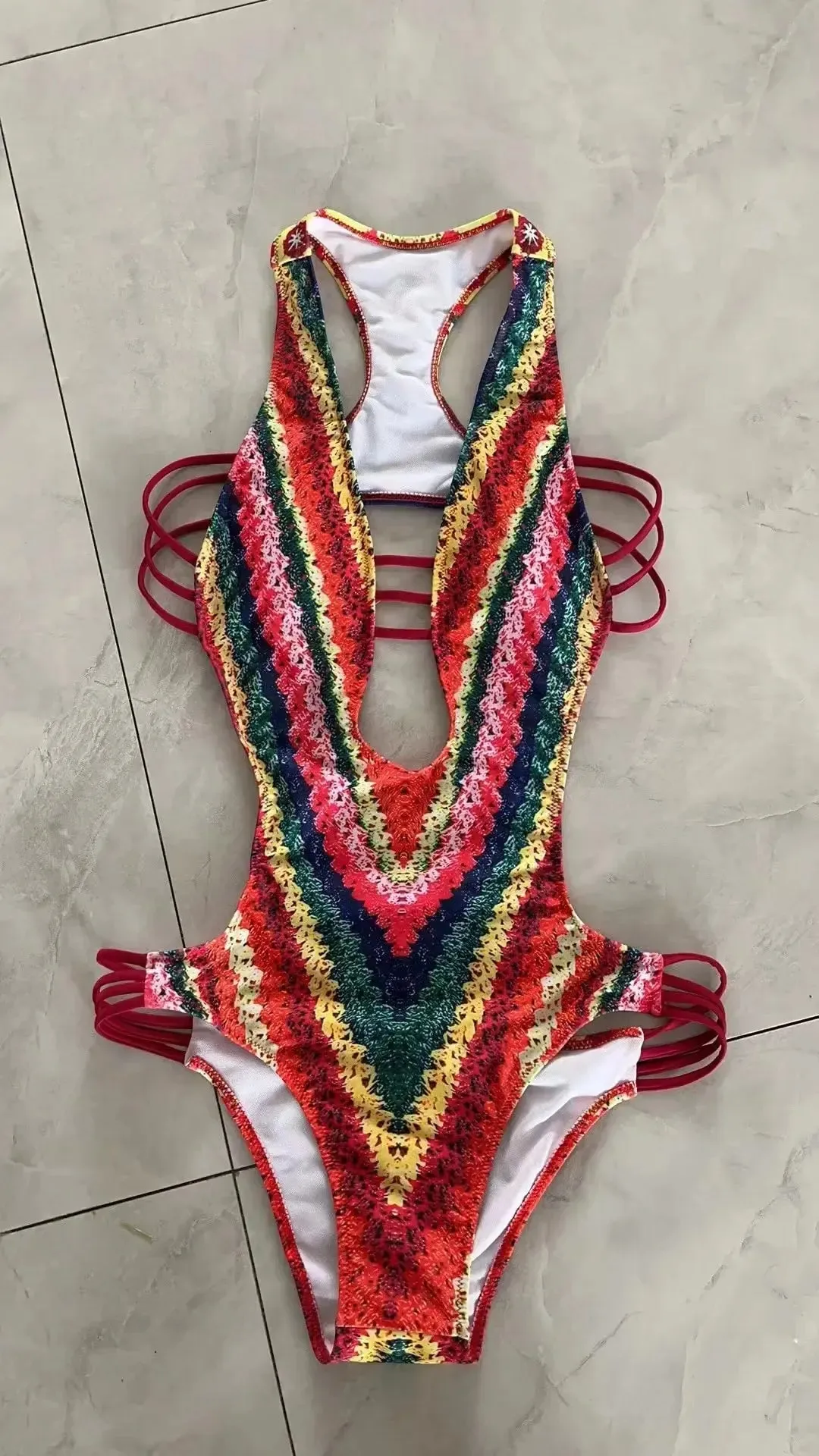Women's Cutout Monokini with Colorful Print - Rainbow One-Piece Swimsuit